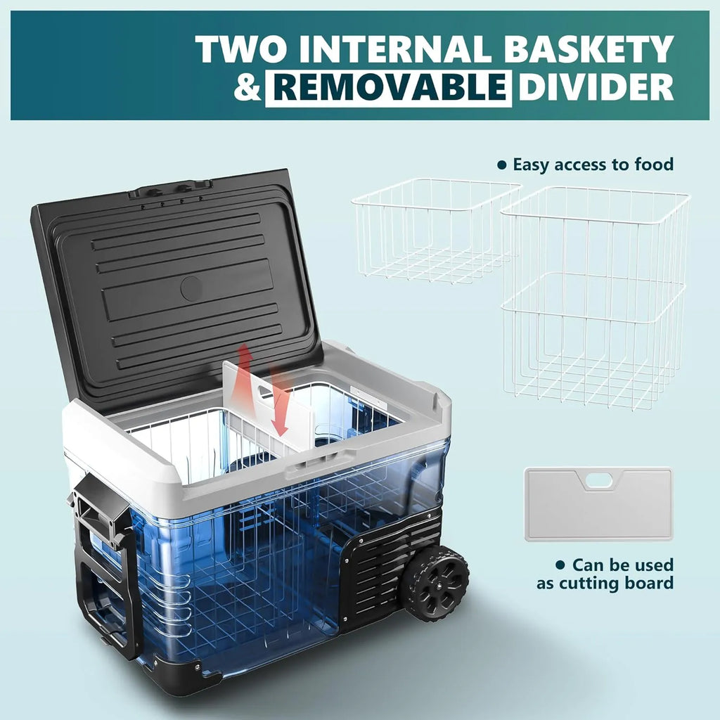 12 Volt Refrigerator, 53QT(50L) Electric Cooler, Portable Freezer 12V/24V DC 110-240V AC, 12V Fridge -4�H~68�H, 12V Cooler with Wheels & 2 Baskets for Travel, Truck, Boat, Camping