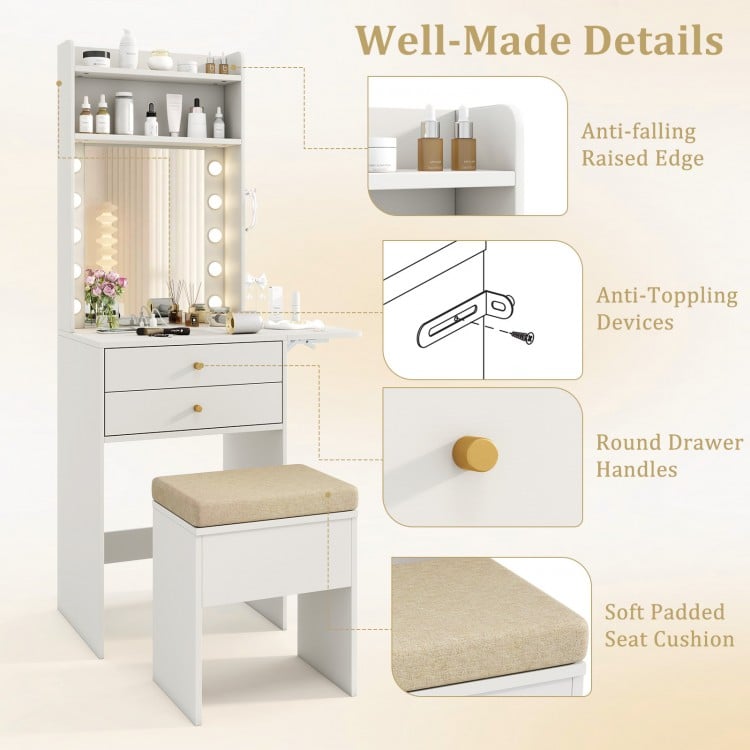 Compact Vanity Desk Set with 3-Color Lighted Mirror and Power Outlets