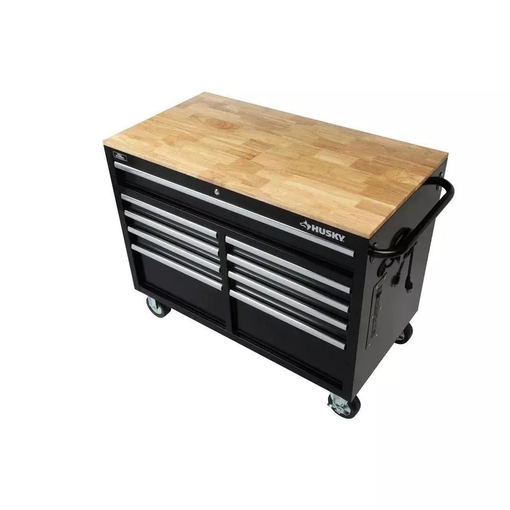 Gloss Black 46′′ 9-Drawer Mobile Tool Chest Workbench with Wood Top & Power Strip
