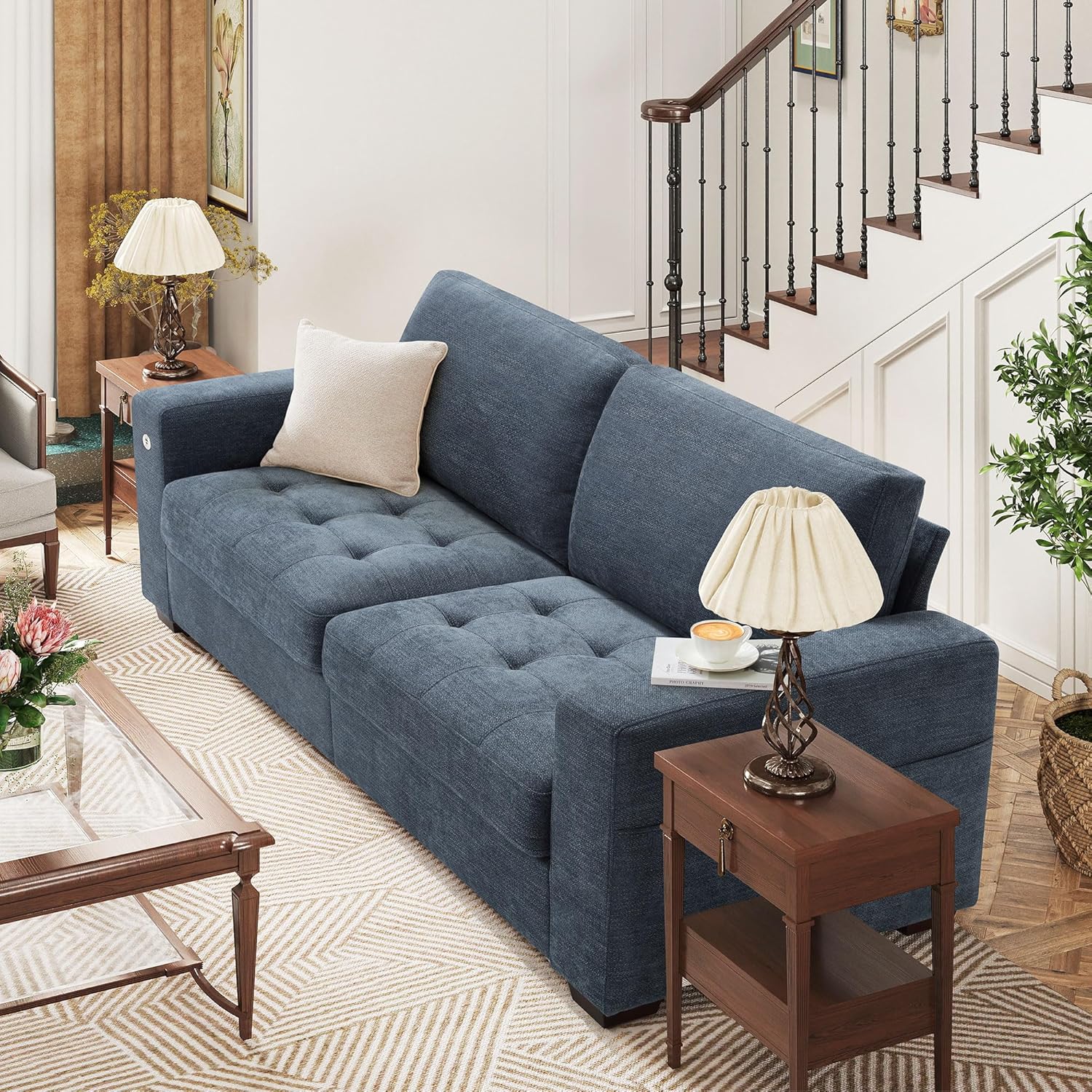 Hanherry 89" Sofa for Living Room, Modern Comfy Sofa with Medium Firm Seat Cushion, Removable Cover,Wide Armrest,USB/Type-C Port,Chenille Fabric Couches for Small Space,Apartment