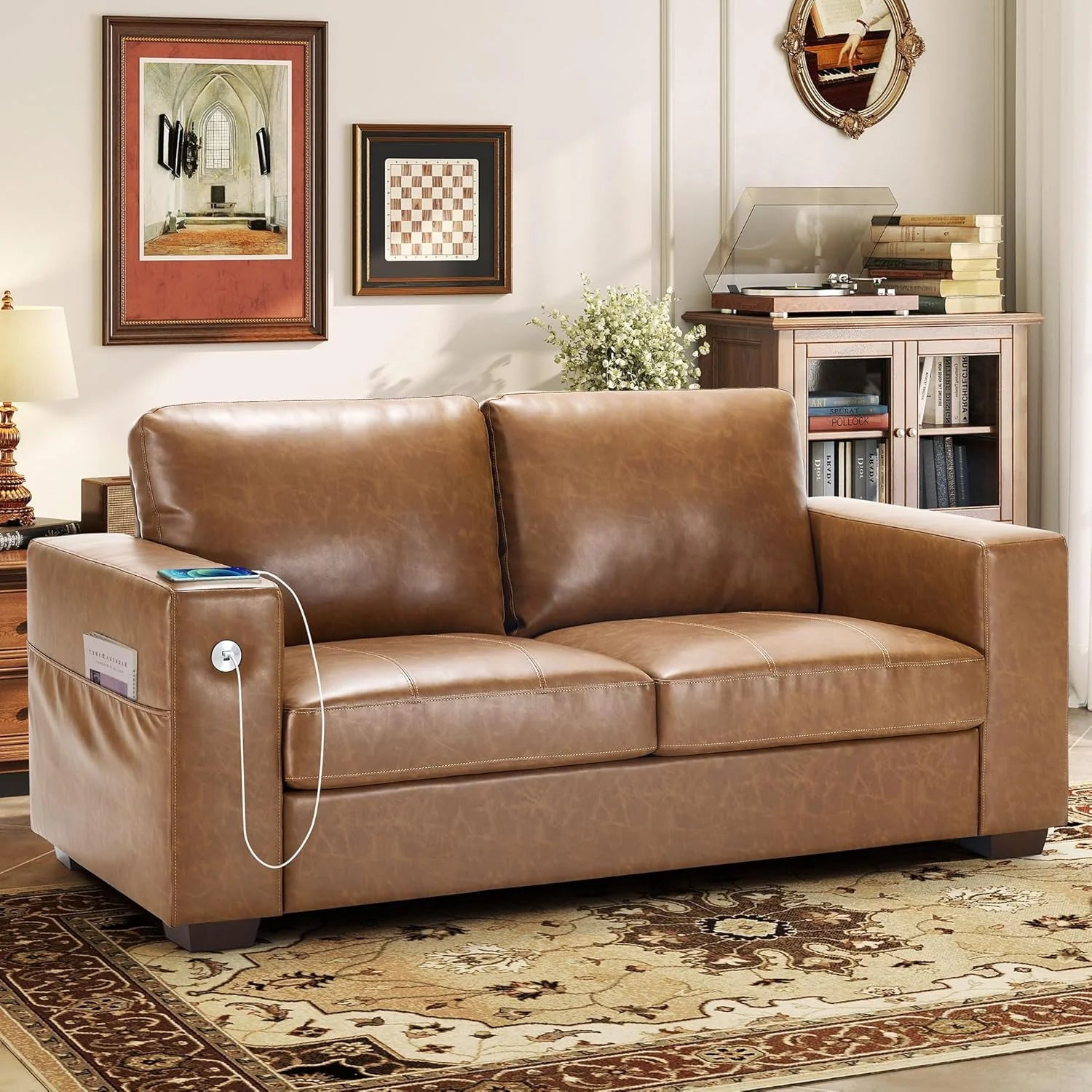 Hanherry 89" Sofa for Living Room, Modern Comfy Sofa with Medium Firm Seat Cushion, Removable Cover,Wide Armrest,USB/Type-C Port,Chenille Fabric Couches for Small Space,Apartment