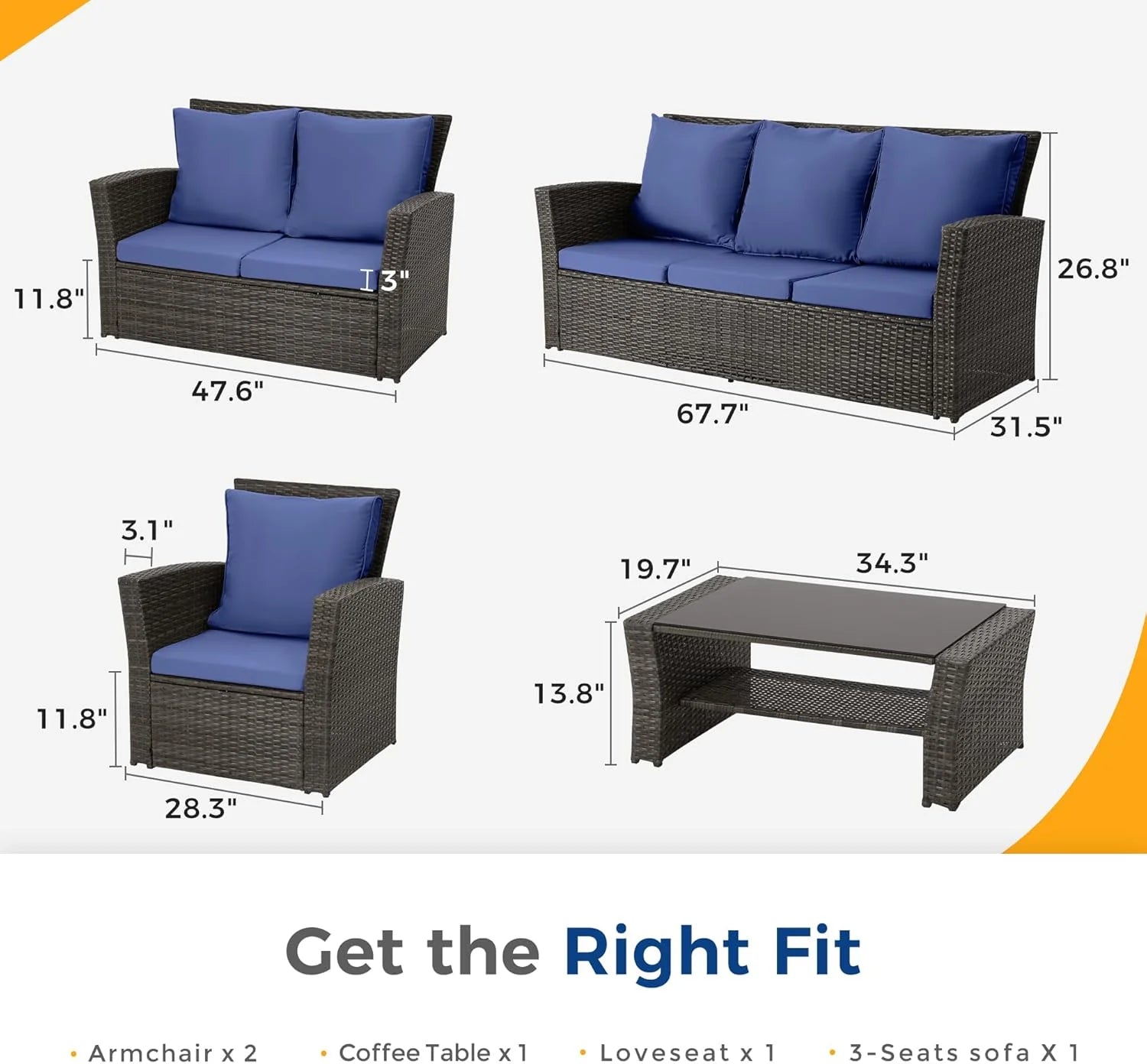Wisteria Lane 4 Piece Outdoor Patio Furniture Sets, Wicker Conversation Set for Porch Deck, Grey Rattan Sofa Chair with Cushion ��Blue