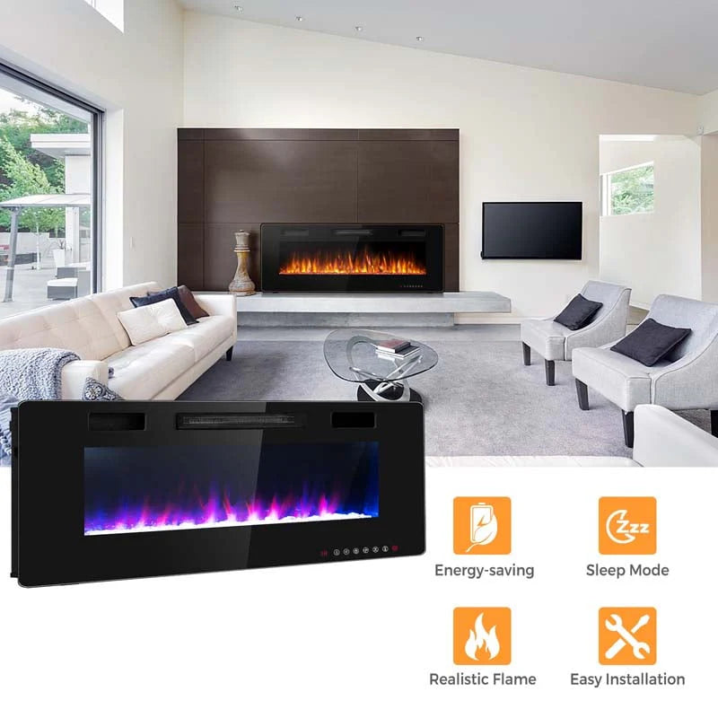 60" Ultra-Thin Electric Fireplace Insert, 1500W Recessed & Wall-mounted Fireplace Heater with 12 Flame Colors