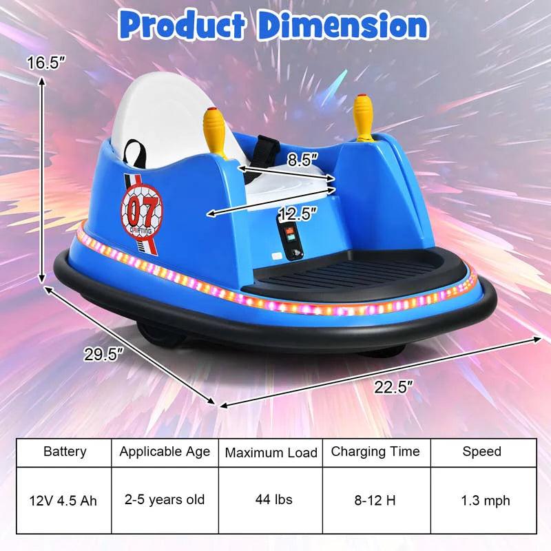 12V Toddler Bumping Car, Battery Powered Baby Ride on Bumper Car with Dual Joysticks, Flashing LED Light & 360 Degree Spin