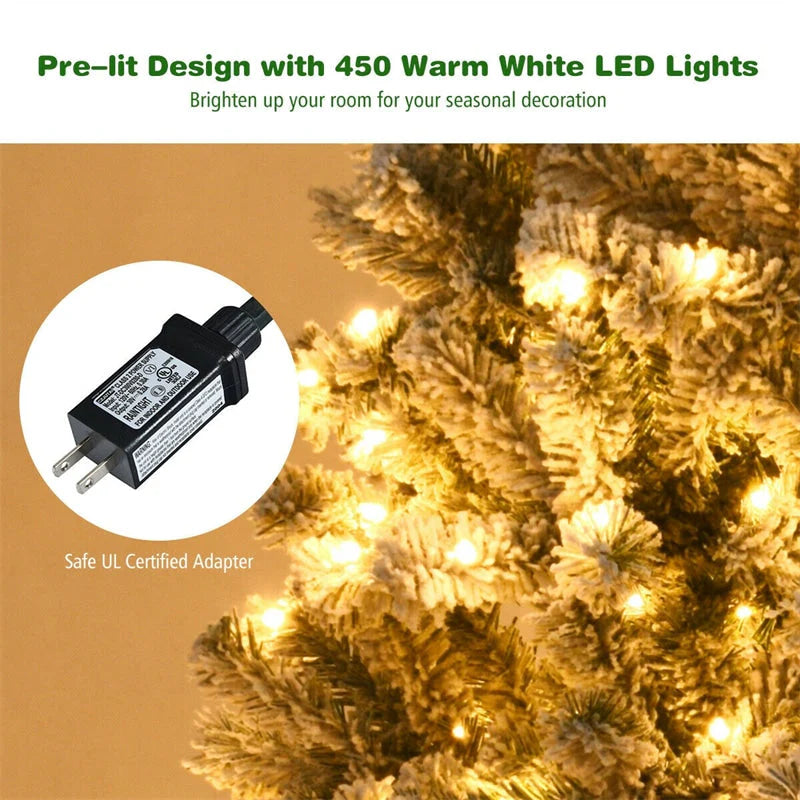 Premium Pre-Lit Snow Flocked Artificial Christmas Tree with Hinged Branch Tips & LED Lights