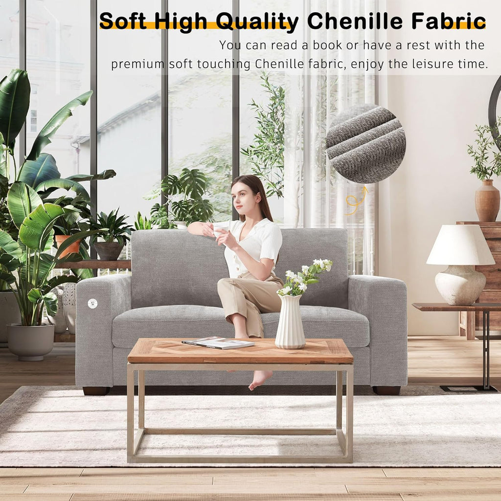 Hanherry 89" Sofa for Living Room, Modern Comfy Sofa with Medium Firm Seat Cushion, Removable Cover,Wide Armrest,USB/Type-C Port,Chenille Fabric Couches for Small Space,Apartment