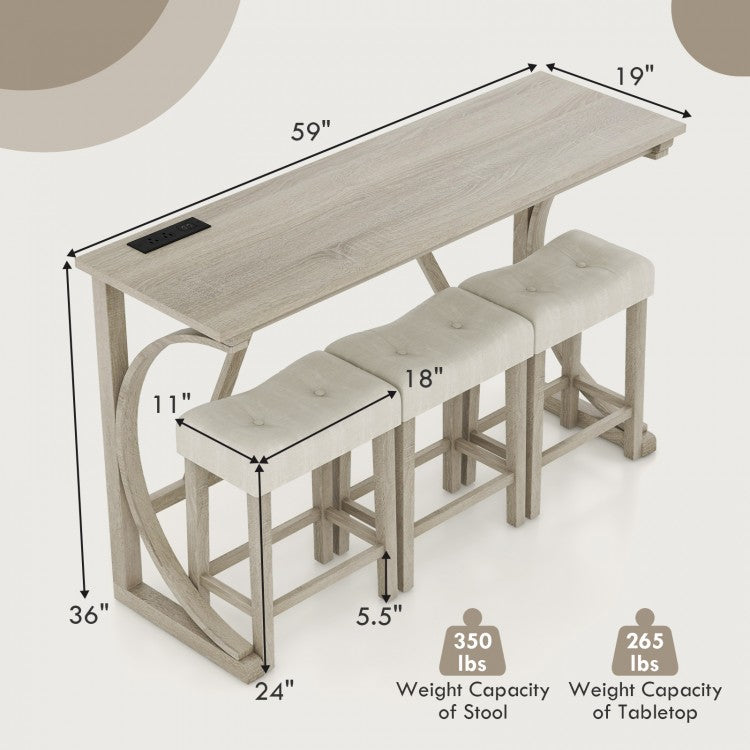 4-Piece Bar Table Set with Power Outlet and Upholstered Saddle Seat Stools