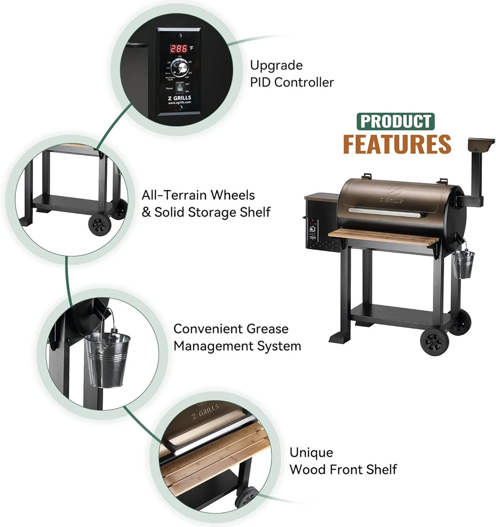 Z GRILLS Wood Pellet Grill Smoker with 552 Cooking Area & Front Shelf for Outdoor BBQ, Smoke, Bake and Roast, 550C