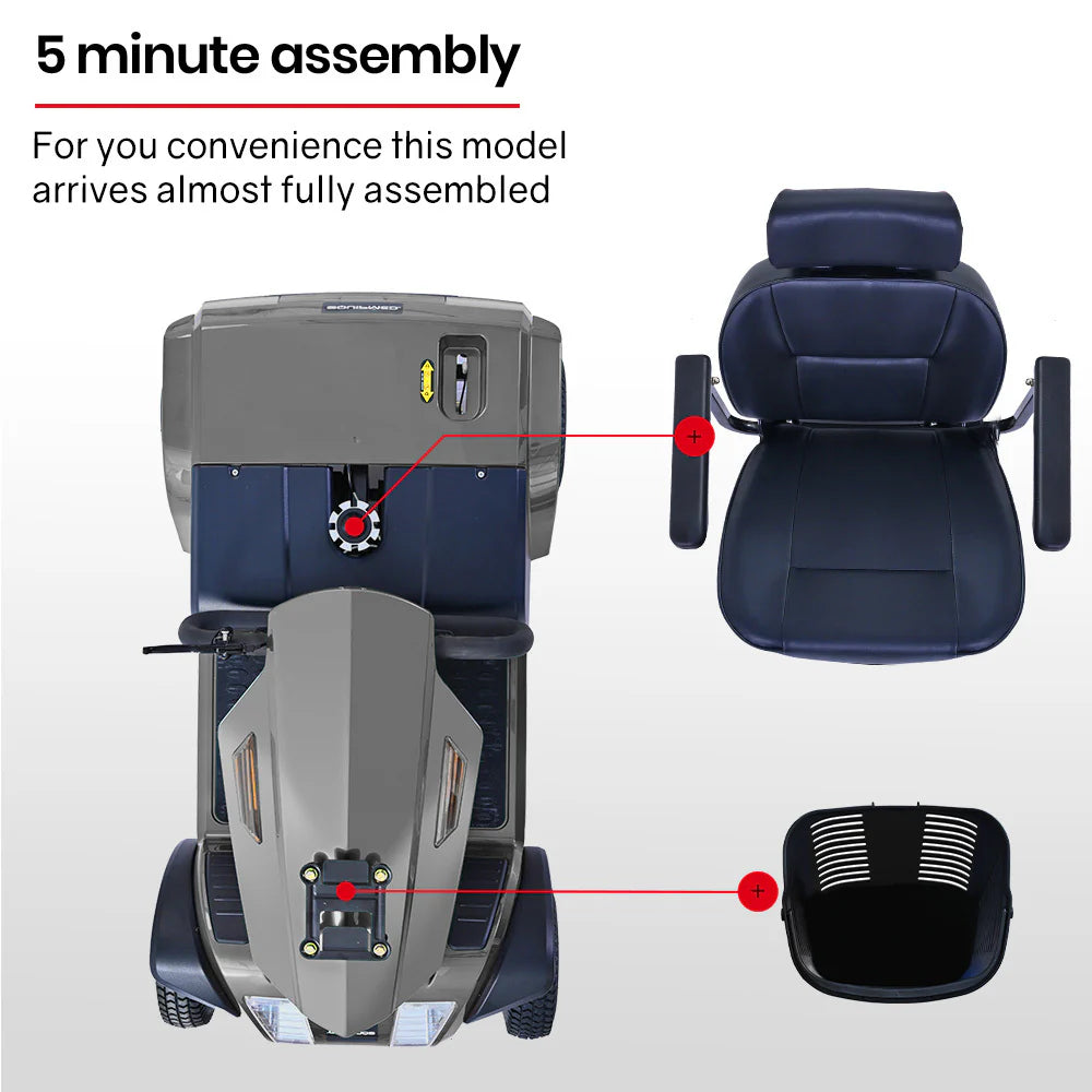 EQUIPMED Mobility Scooter, S-XXL comfortable size for all riders, 30km Max Range, 180kg capacity, Grey
