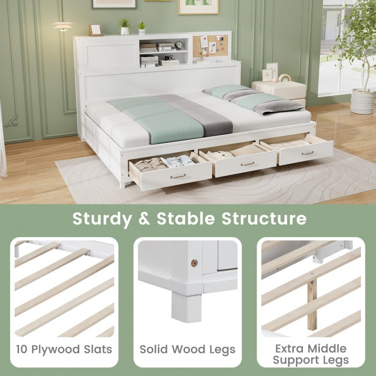 Twin/Full Size Wooden Daybed with 3 Drawers with Storage Shelves