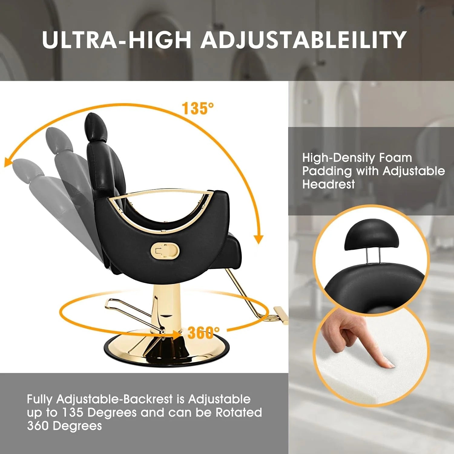 Artist Hand Salon Chair Reclining Barber Chair Oversized Hydraulic Pump Heavy Duty Hair Salon Chair 360 Degree Swivel Hair Chair for Hair Stylist, Beauty Spa Equipment Max Load 400 LBS, Black and Gold