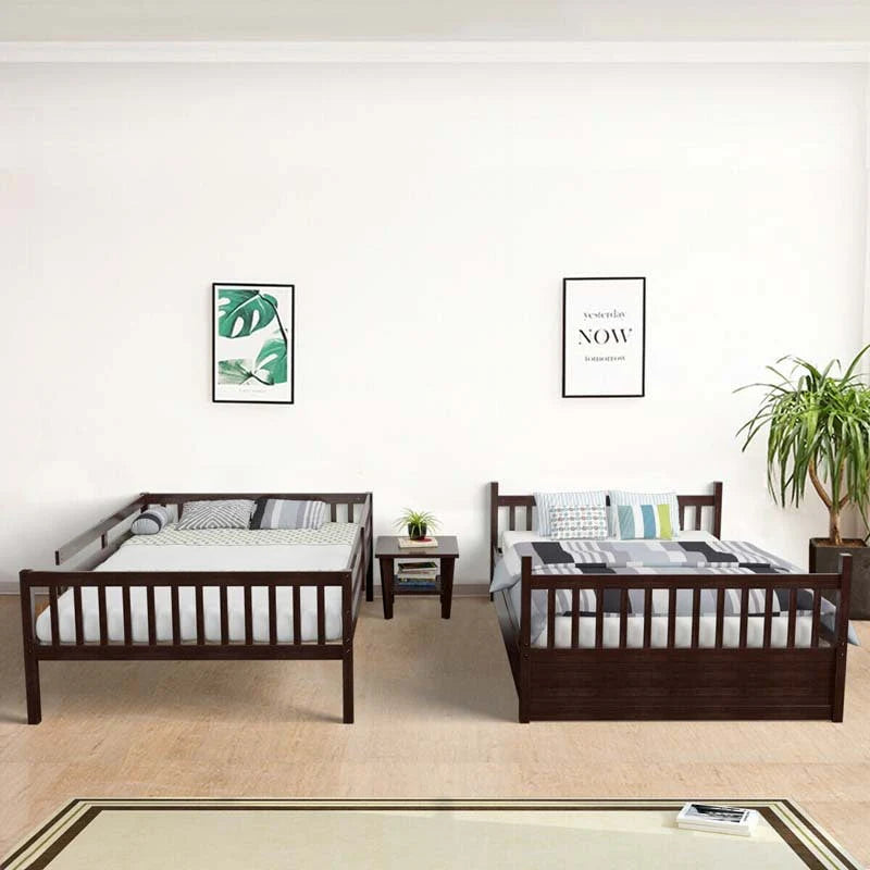 Solid Wood Full Over Full Bunk Bed Frame with Trundle, Safety Ladder & Guardrails, Convertible Bunk Bed for Kids Teens