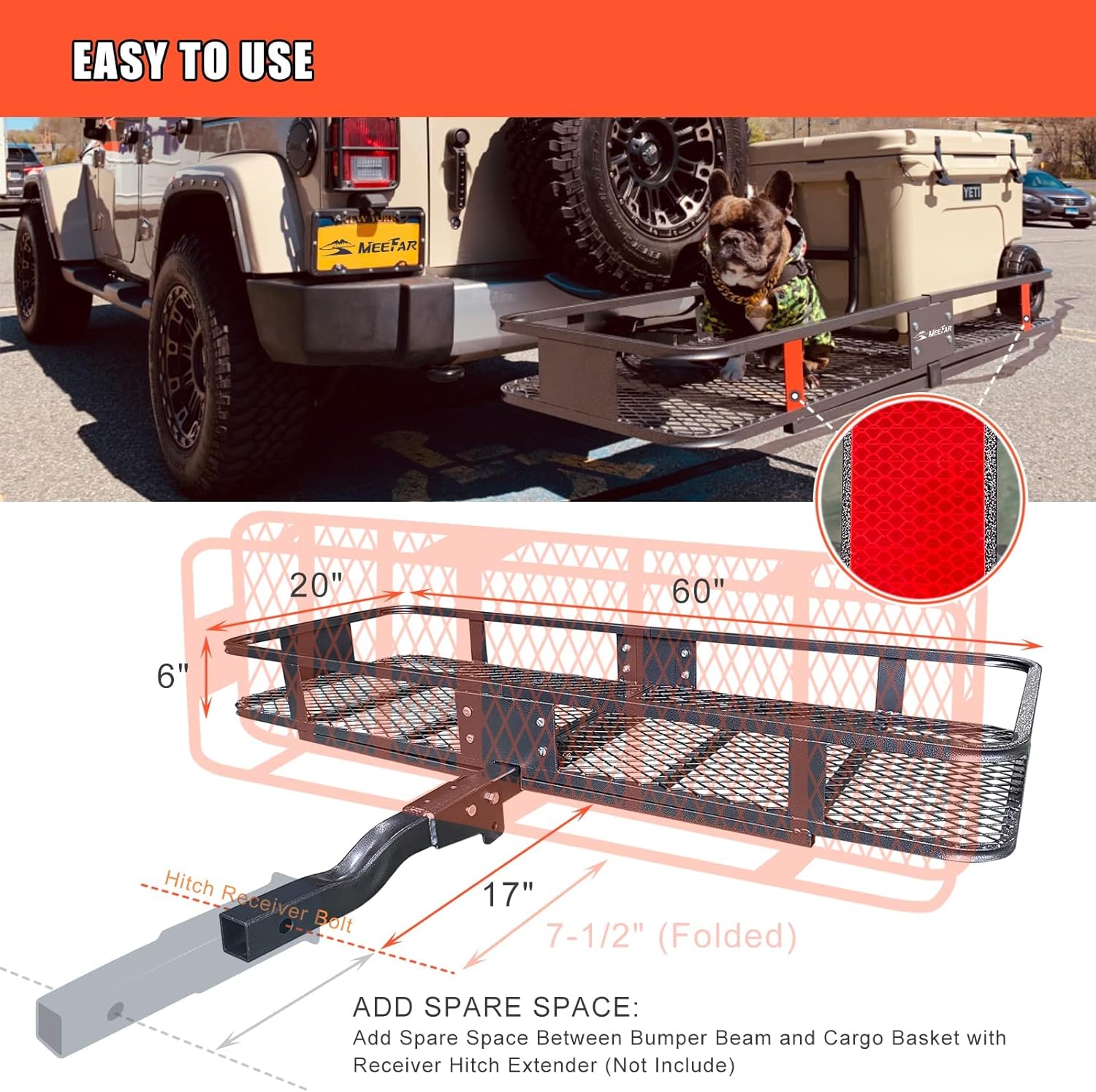 Folding hitch mounted cargo basket 60" With hook stabilizer, net and straps