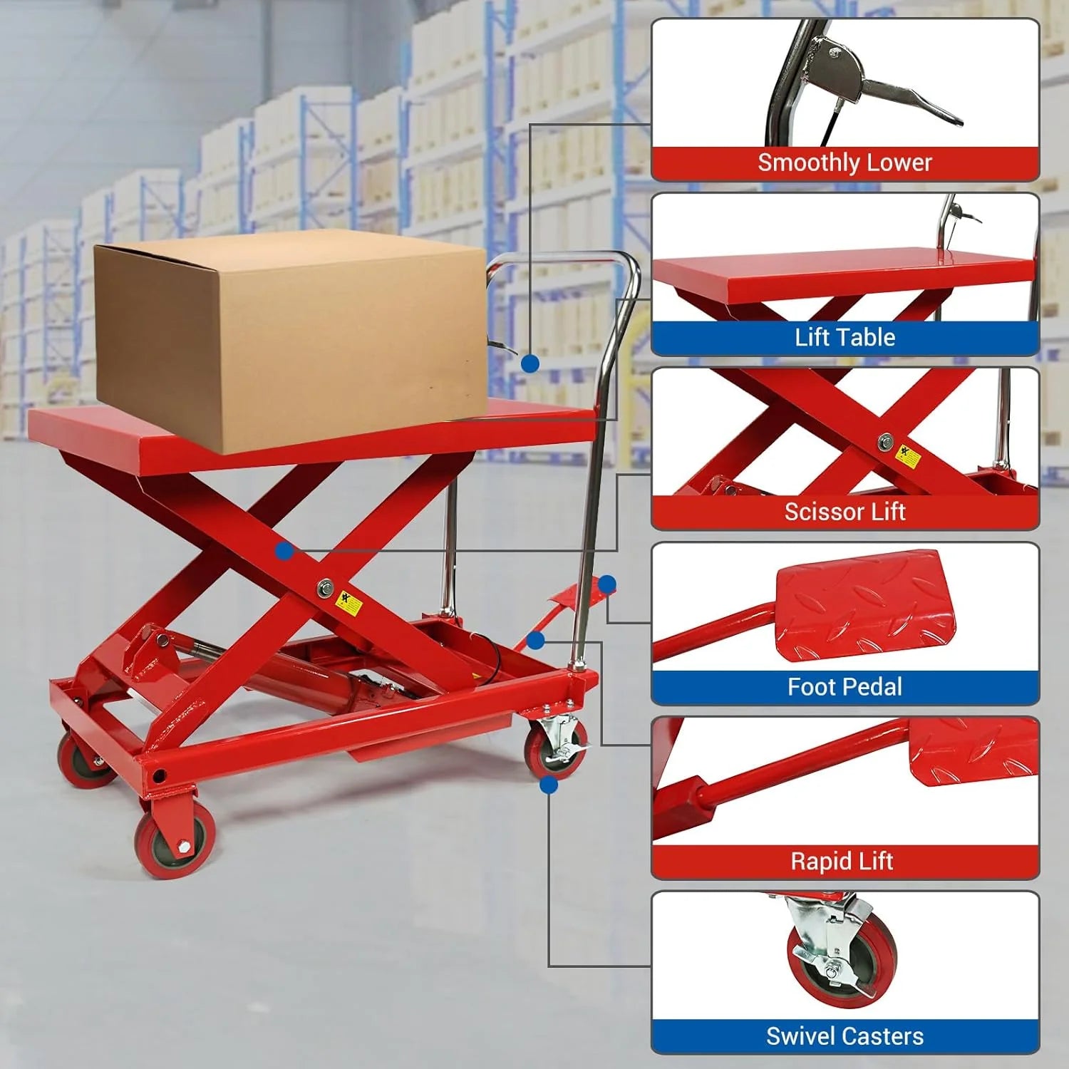 660LBS Hydraulic Lift Table Cart �C 31" Lift Height, Double Scissor Design with 4 Wheels & Non-Slip Pad for Material Handling
