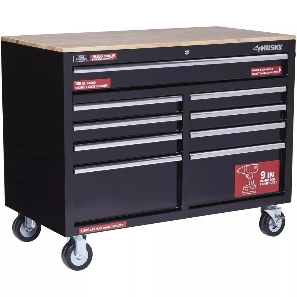 Gloss Black 46′′ 9-Drawer Mobile Tool Chest Workbench with Power Strip & Solid Wood Top