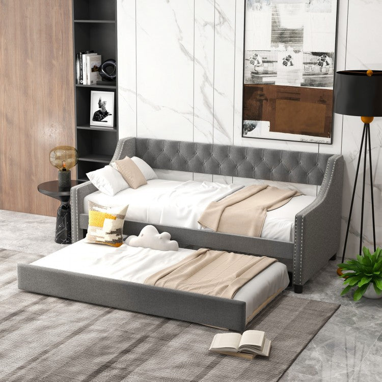 Twin Size Daybed with Trundle Sofa Bed with Curved Armrests and Backrest
