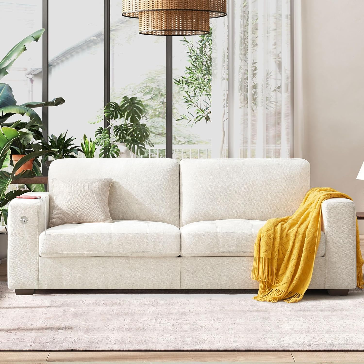 Hanherry 89" Sofa for Living Room, Modern Comfy Sofa with Medium Firm Seat Cushion, Removable Cover,Wide Armrest,USB/Type-C Port,Chenille Fabric Couches for Small Space,Apartment