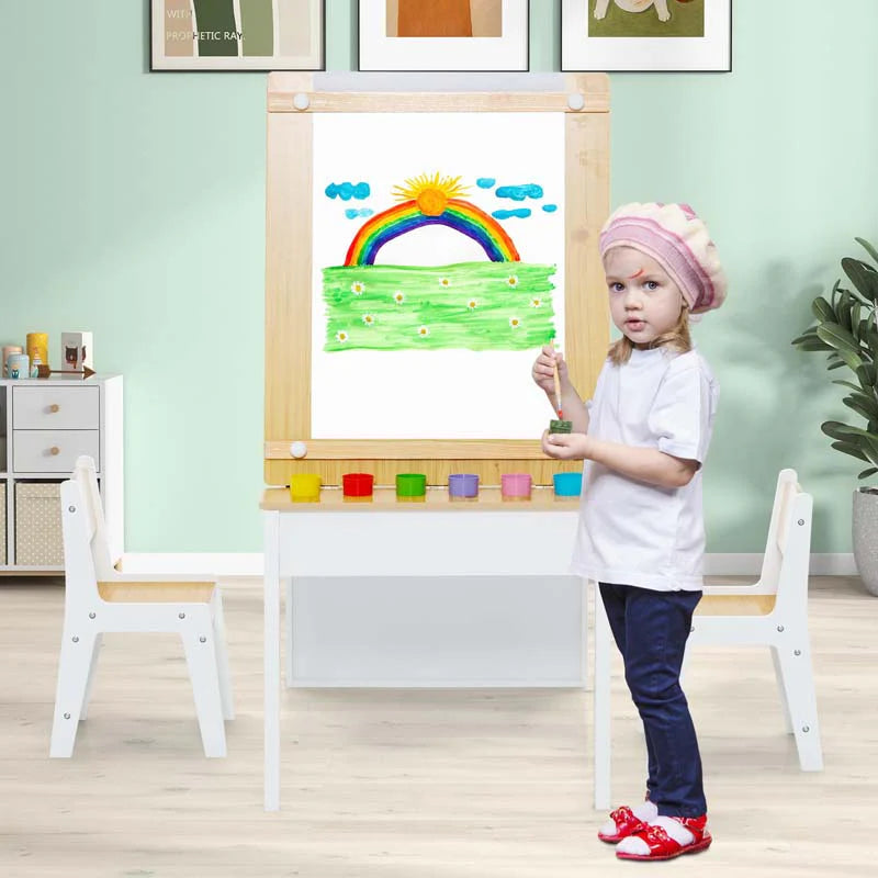 2-in-1 Kids Art Table Chair Set for Drawing Writing, Toddler Craft Play Wood Activity Desk w/2 Chairs Paper Roll Storage Canvas Bins