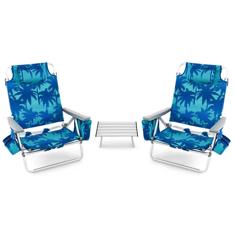 2 Pack 5-Position Outdoor Folding Backpack Beach Chair & Table Set, Patio Lawn Camping Chair Beach Sling Chair