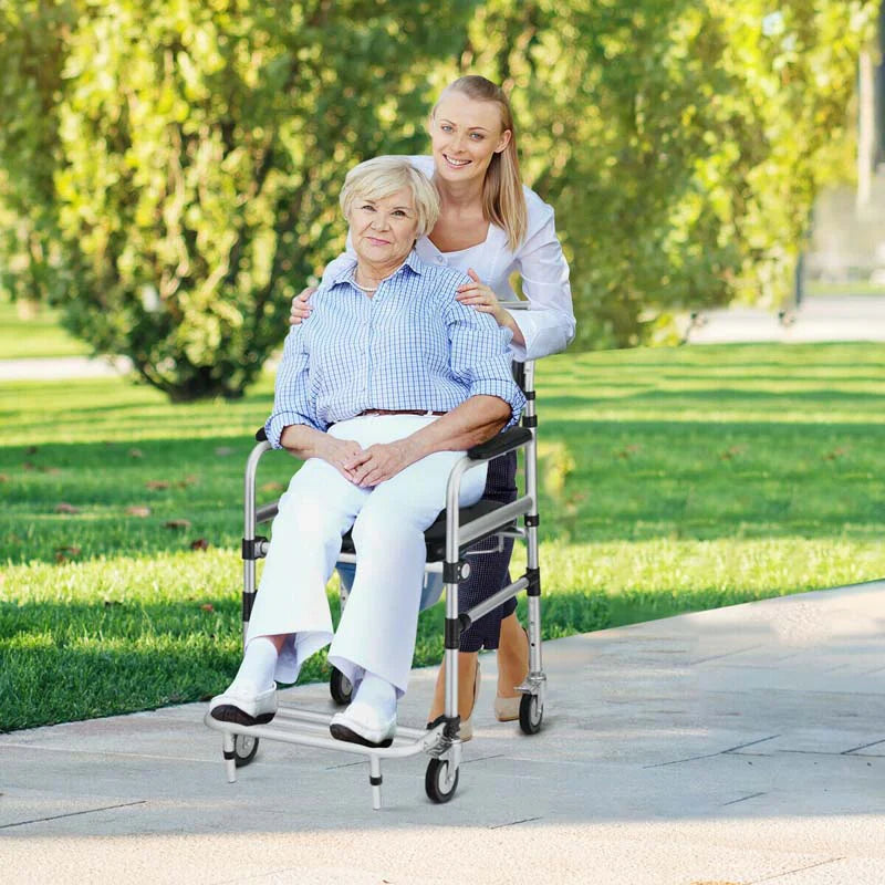 2-in-1 Foldable Shower Commode Wheelchair, Aluminum Alloy Transport Chair Toilet Bedside Wheelchair with Commode