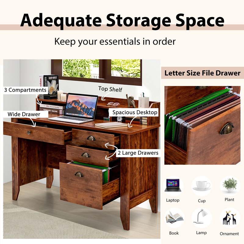 48" Vintage Home Office Desk, Executive Computer Desk Study Desk with 4 Storage Drawers & Hutch