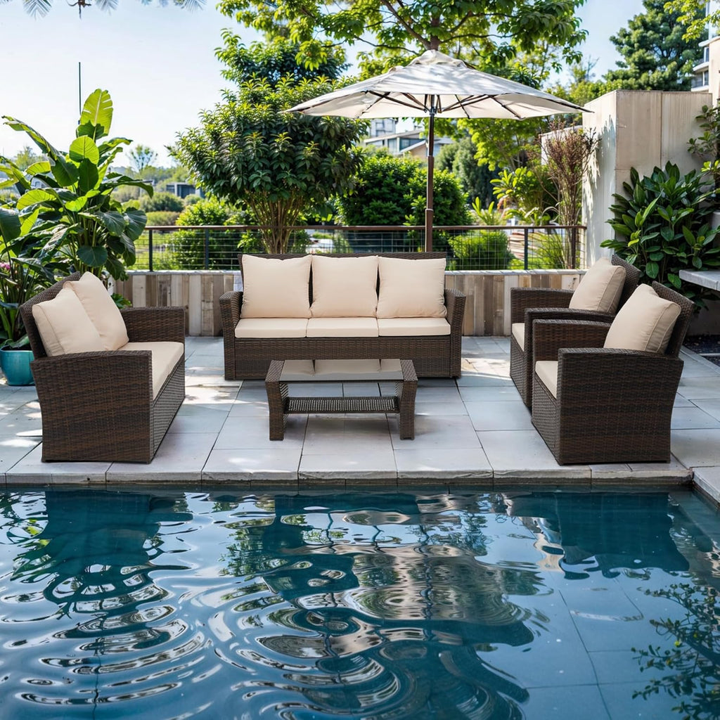 Wisteria Lane 4 Piece Outdoor Patio Furniture Sets, Wicker Conversation Set for Porch Deck, Grey Rattan Sofa Chair with Cushion ��Blue