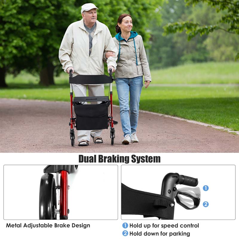 2 in 1 Folding Rollator Walker with Seat & 8" Wheels, Medical Walker Rolling Chair Mobility Walking Aid