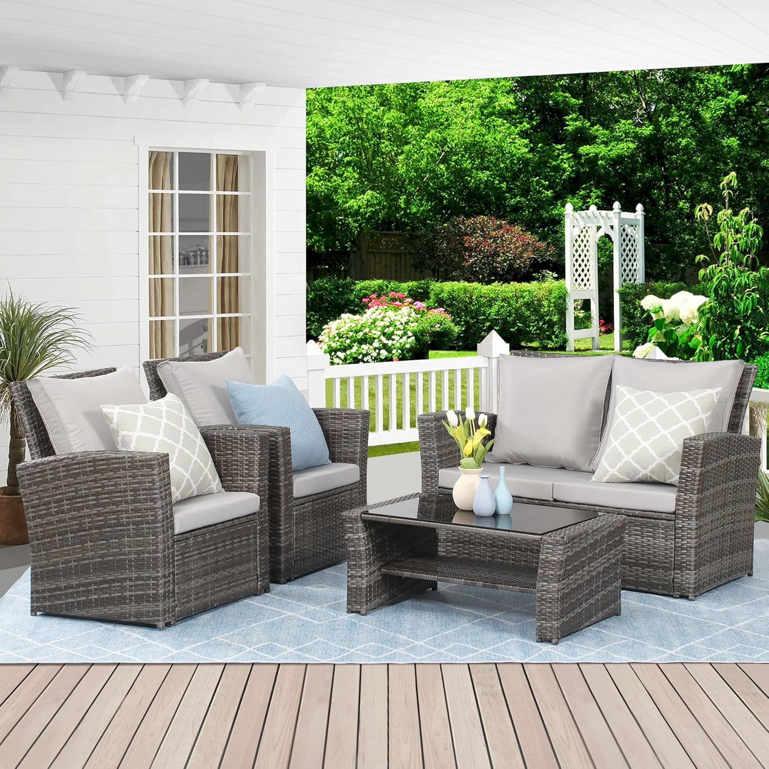 Wisteria Lane 4 Piece Outdoor Patio Furniture Sets, Wicker Conversation Set for Porch Deck, Grey Rattan Sofa Chair with Cushion ��Blue
