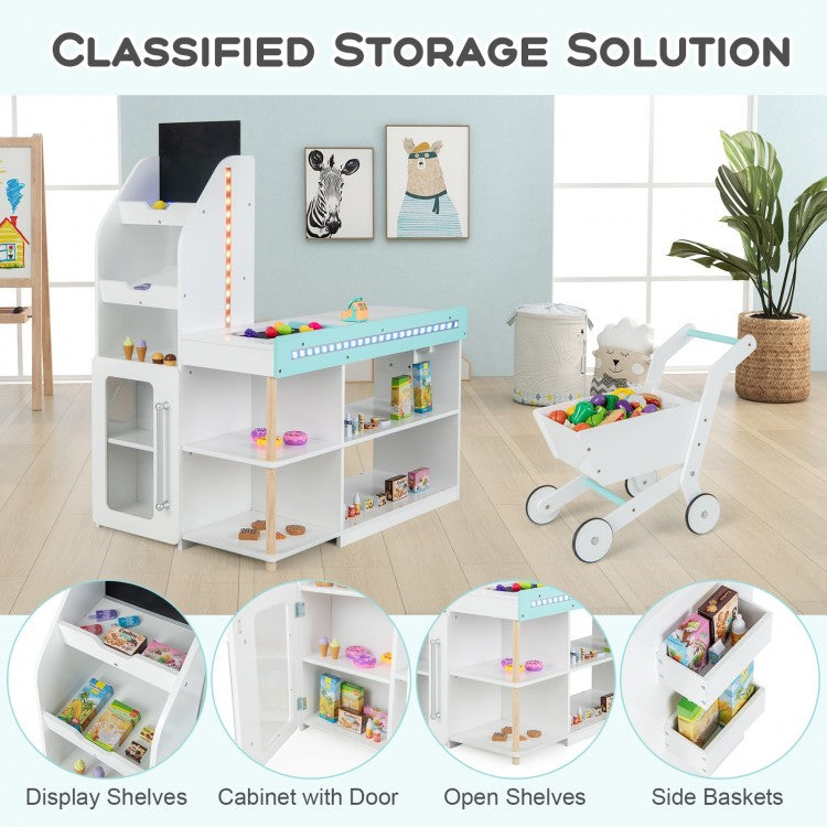 Wooden Kids Supermarket Playset with Cash Register and Shopping Cart