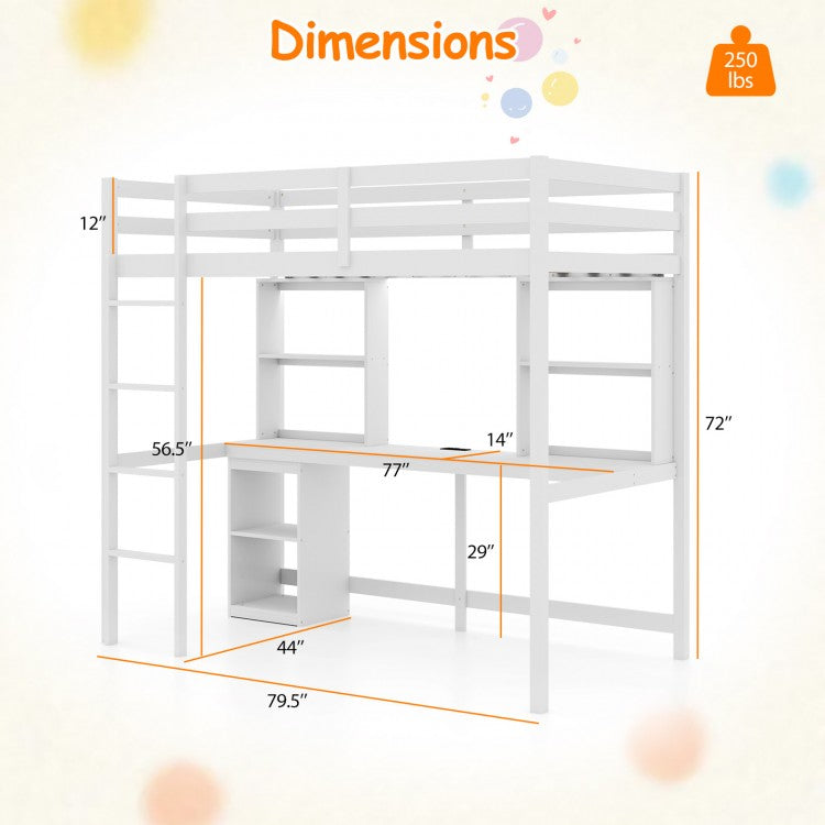 Twin Loft Bed with LED Light and Desk No Box Spring Needed