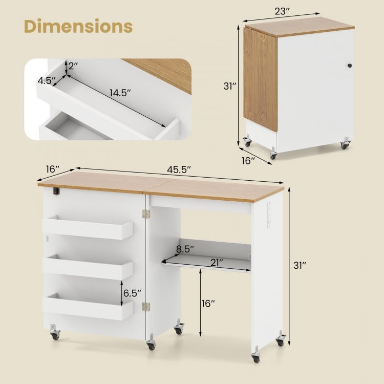 Sewing Machine Table with Charging Station and Lockable Casters