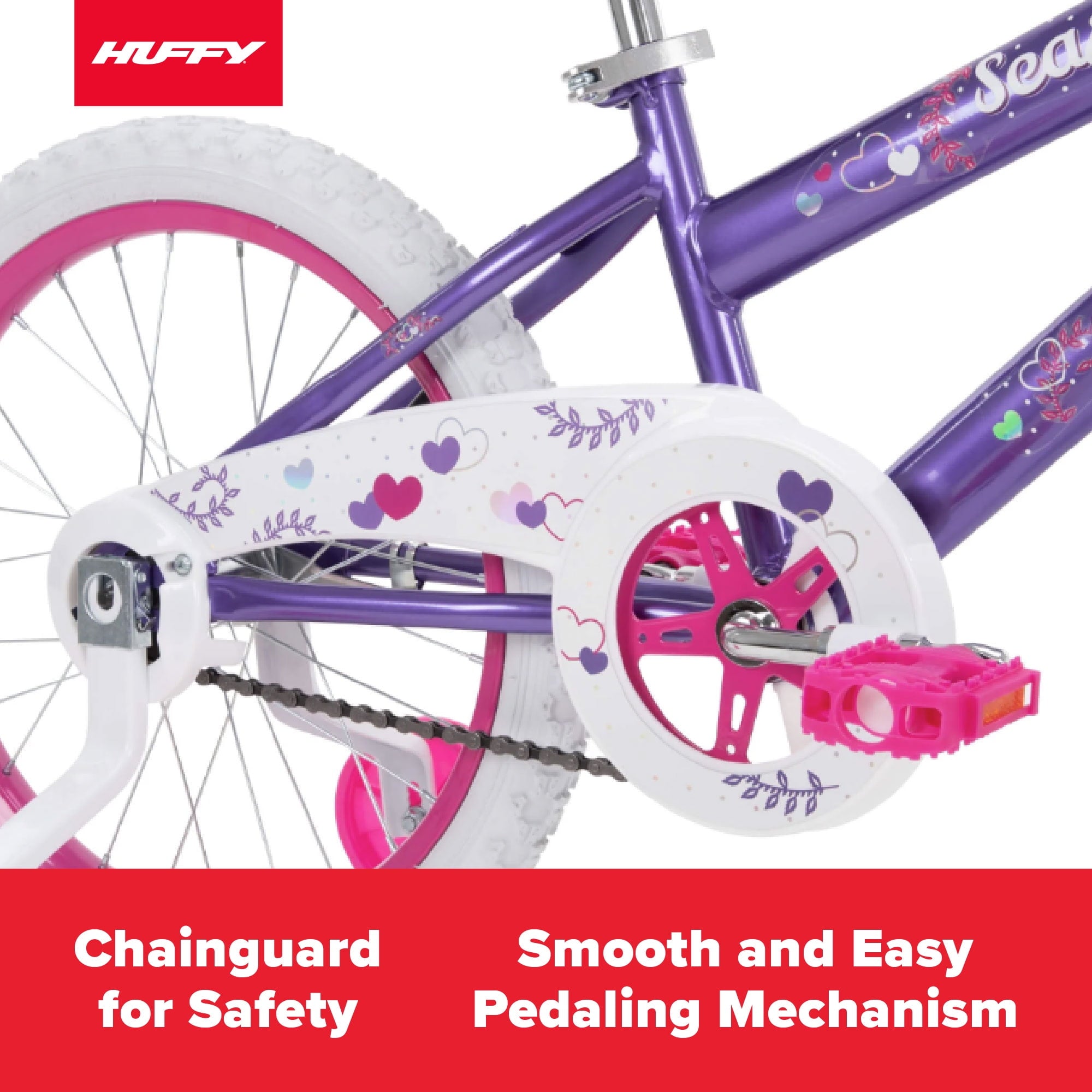 Huffy Sea Star 18′′ Kids Bicycle, Purple, Ages 4+, Training Wheels, Single-Speed