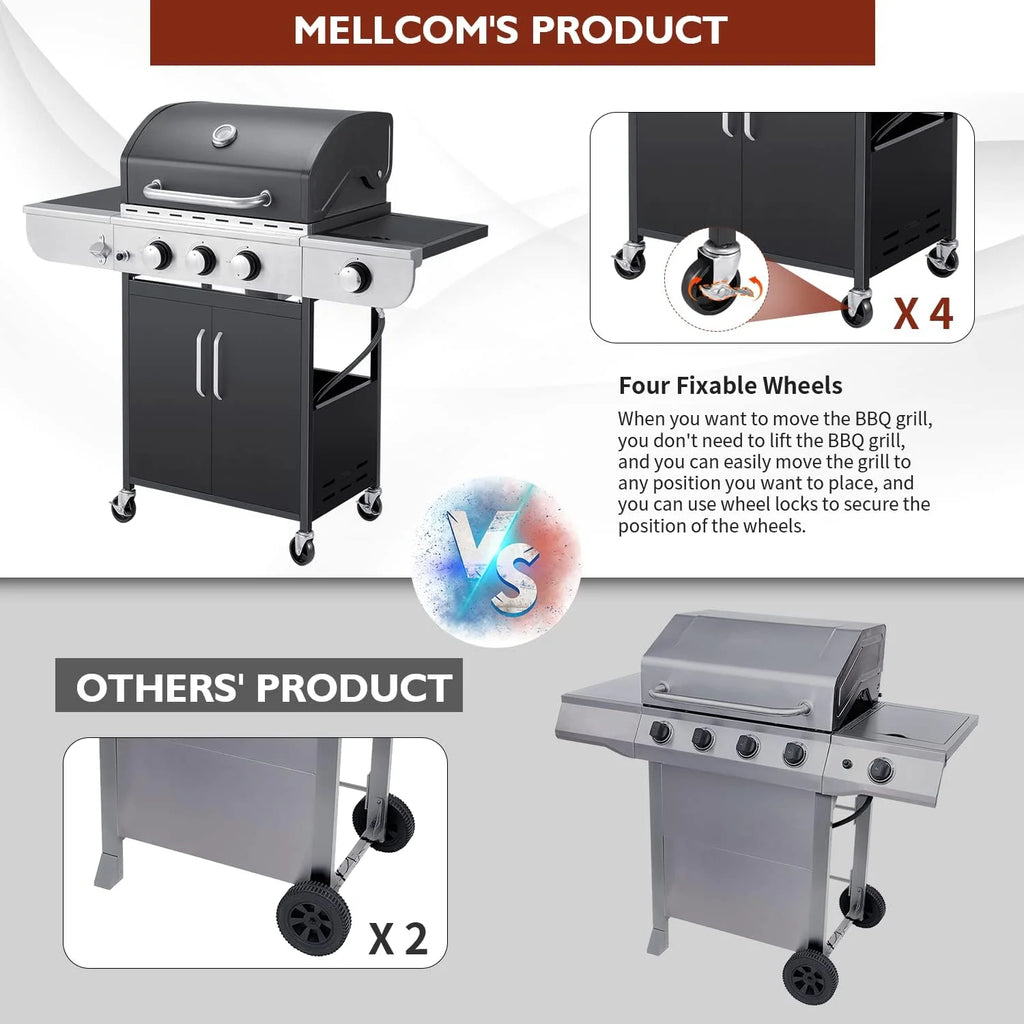 Upgraded 4 Burner BBQ Propane Gas Grill with Cast Iron Grates & Side Stove, 44,000 BTU Stainless Steel Burner Barbecue Grill for Patio, Camping, Outdoor Cooking MELLCOM