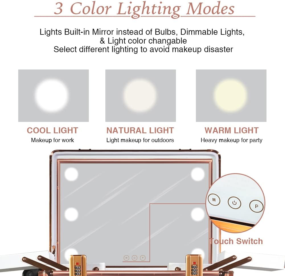 Medium Makeup Train Case with Code Lock, Lighted Mirror, Speaker Travel Cosmetic Organizer Box, Professional Artist Trolley Studio Free Standing Case