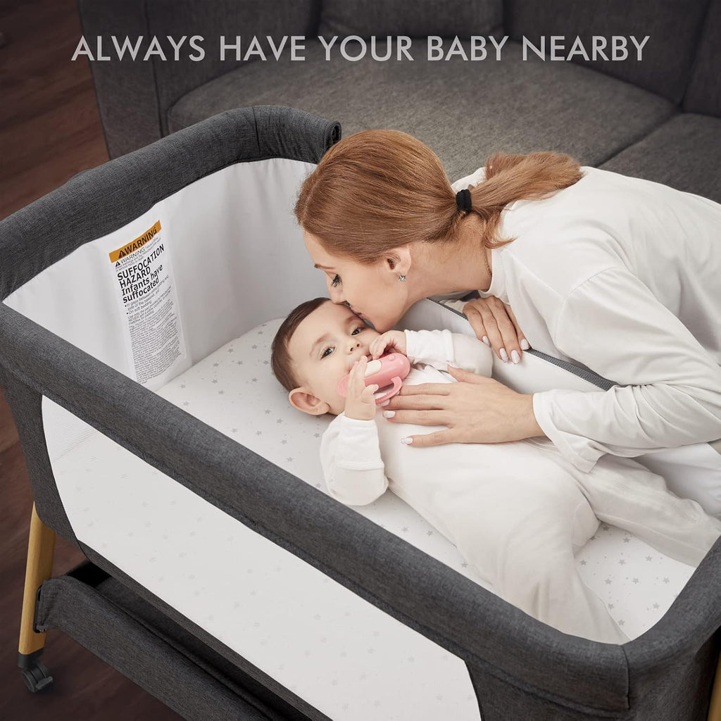 Baby Bassinet, Rocking Bassinets Bedside Sleeper with Comfy Mattress and Wheels, 6 Height Adjustable Easy Folding Portable Bedside Crib for Newborn Infant