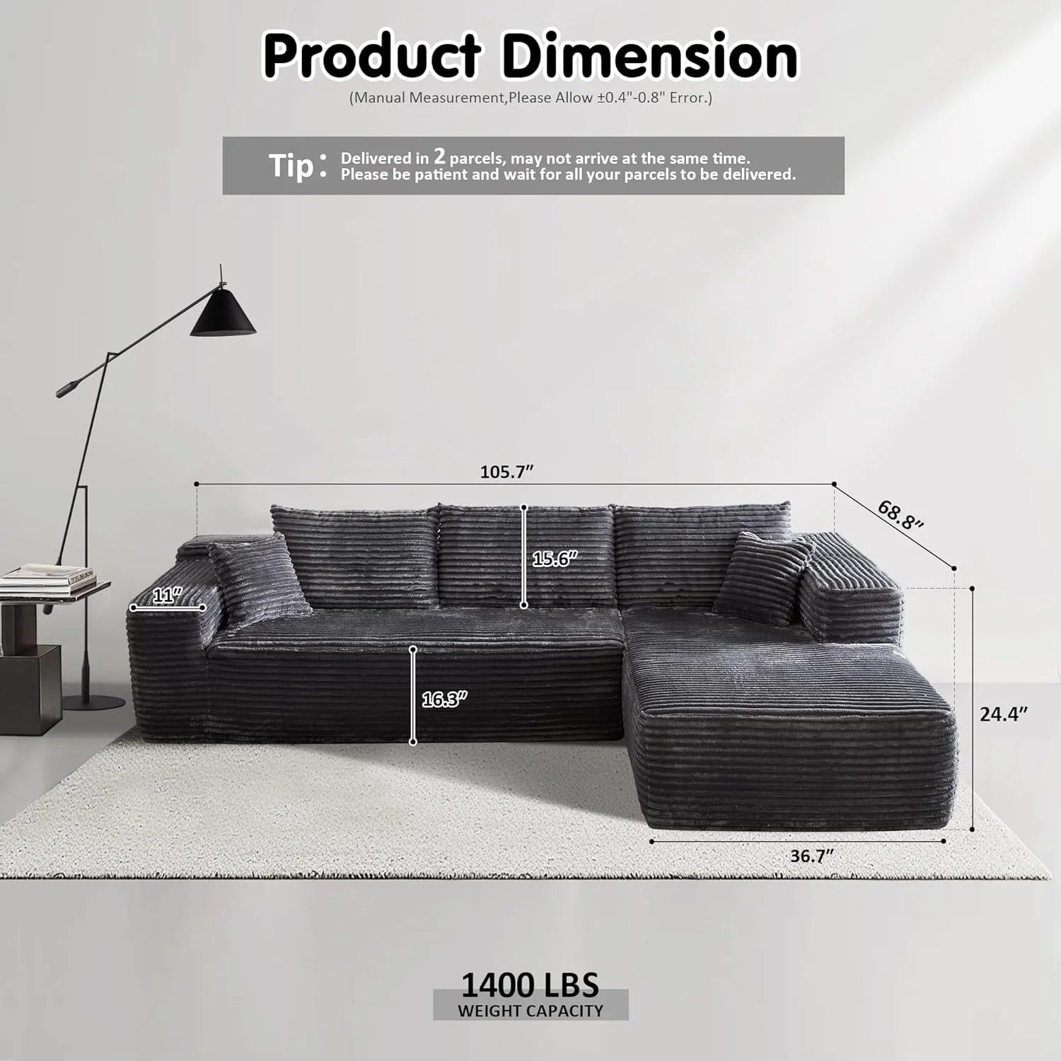 ovios 104" Cloud Sectional Couch with L-Shape Chaise,Modern Modular Sofa with Deep Seat, Upholstered Couches for Living Room Bedroom,No Assembly Required, Black (Corduroy Fabric)