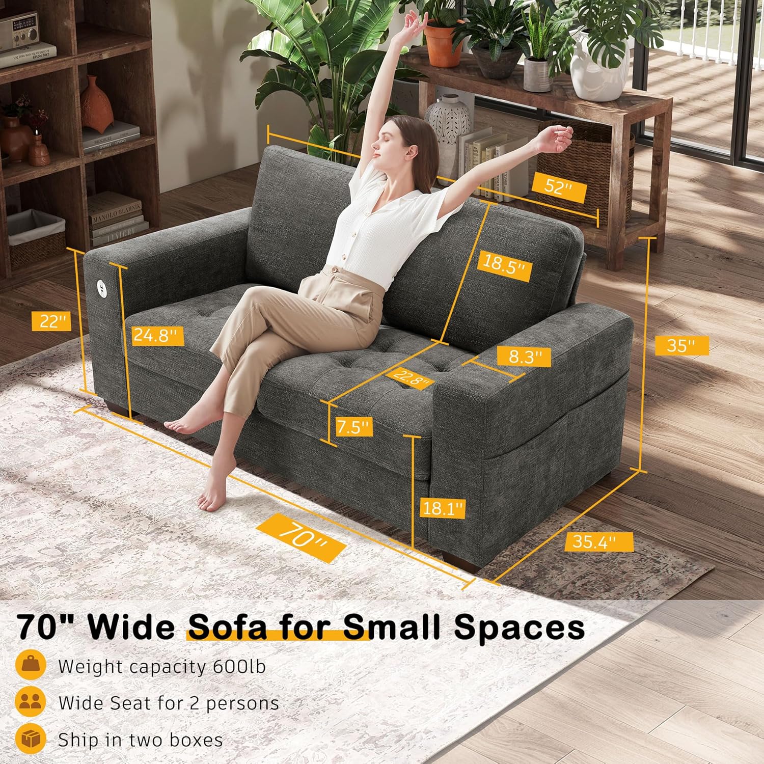 Hanherry 89" Sofa for Living Room, Modern Comfy Sofa with Medium Firm Seat Cushion, Removable Cover,Wide Armrest,USB/Type-C Port,Chenille Fabric Couches for Small Space,Apartment