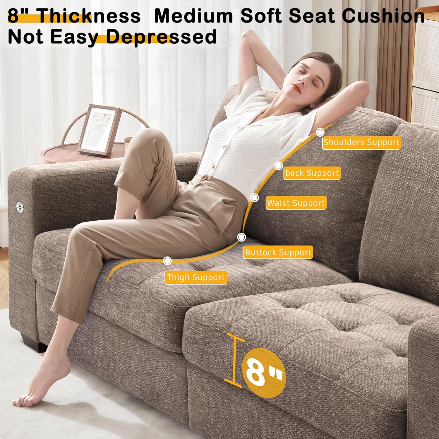 Hanherry 89" Sofa for Living Room, Modern Comfy Sofa with Medium Firm Seat Cushion, Removable Cover,Wide Armrest,USB/Type-C Port,Chenille Fabric Couches for Small Space,Apartment