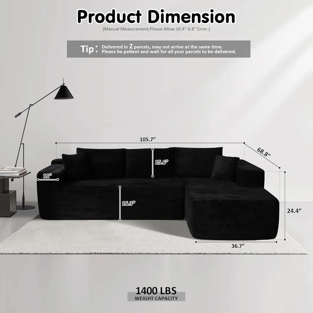 ovios 104" Cloud Sectional Couch with L-Shape Chaise,Modern Modular Sofa with Deep Seat, Upholstered Couches for Living Room Bedroom,No Assembly Required, Black (Corduroy Fabric)