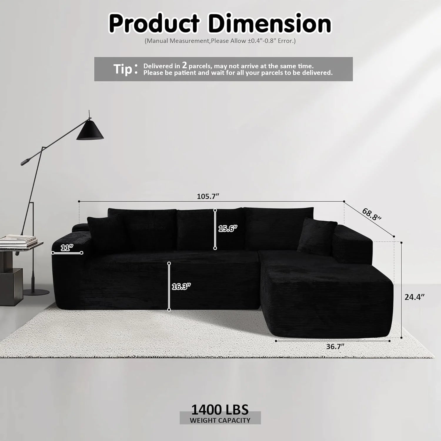 ovios 104" Cloud Sectional Couch with L-Shape Chaise,Modern Modular Sofa with Deep Seat, Upholstered Couches for Living Room Bedroom,No Assembly Required, Black (Corduroy Fabric)