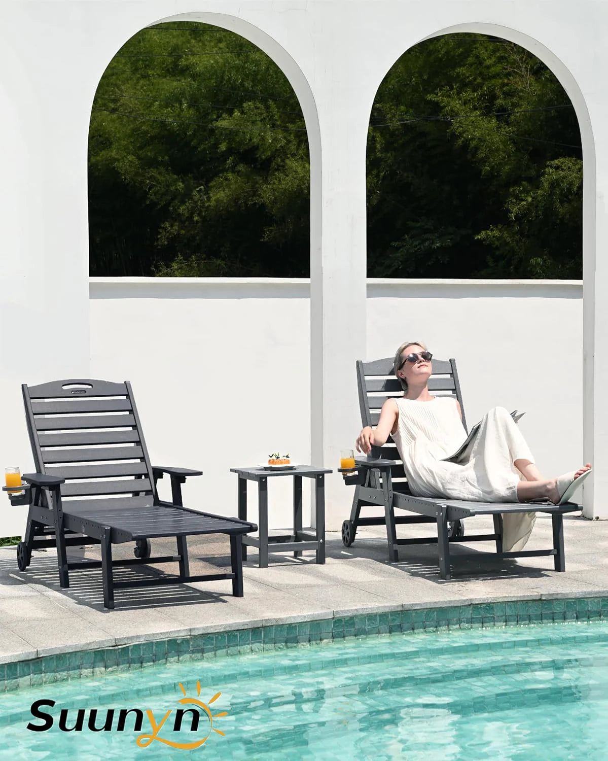 Lounge Chair Outdoor, Chaise Lounge, HDPE 6-Position Outdoor Chaise Lounge, Patio Lounge Chair with Wheels & Cup Holder for Pool Poolside Deck Backyard, Teak