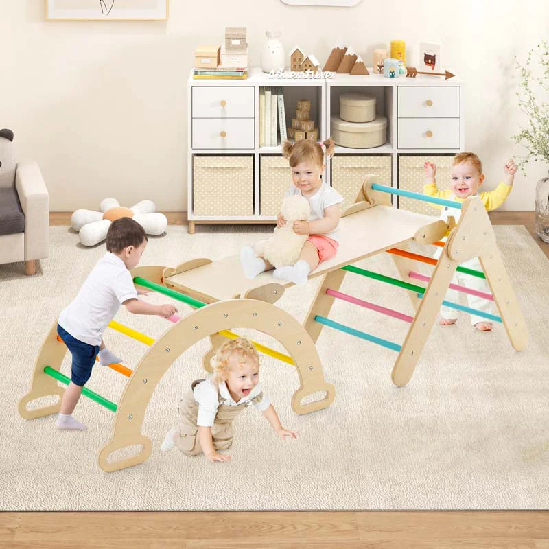 5-in-1 Montessori Wooden Climbing Toys for Toddlers, Arch Climber Ladder with Sliding Ramp, Kids Triangle Climber Play Gym Set