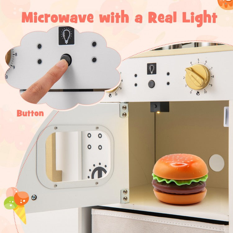 Wooden Kids Kitchen Playset with Chalkboard Ice Maker Sink Lighted Microwave