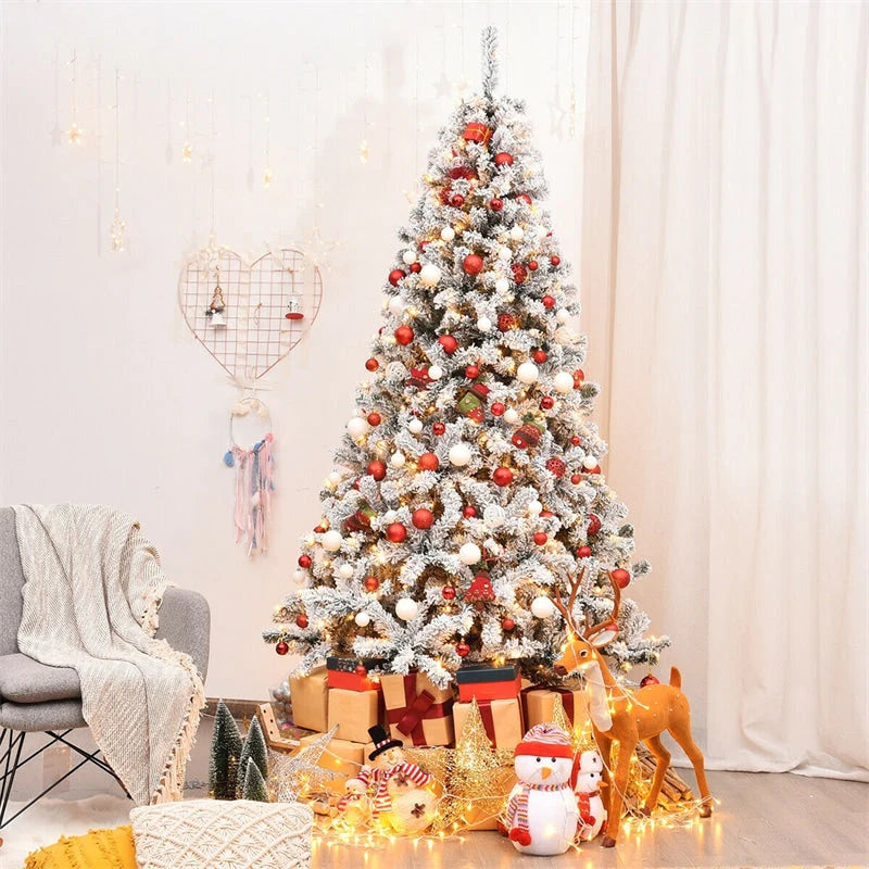 Premium Pre-Lit Snow Flocked Artificial Christmas Tree with Hinged Branch Tips & LED Lights
