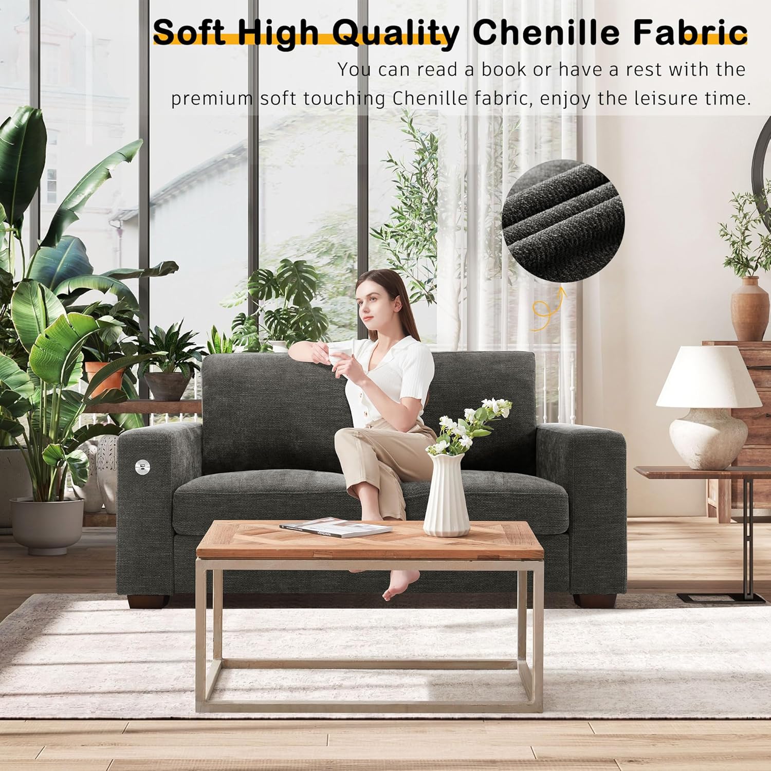 Hanherry 89" Sofa for Living Room, Modern Comfy Sofa with Medium Firm Seat Cushion, Removable Cover,Wide Armrest,USB/Type-C Port,Chenille Fabric Couches for Small Space,Apartment