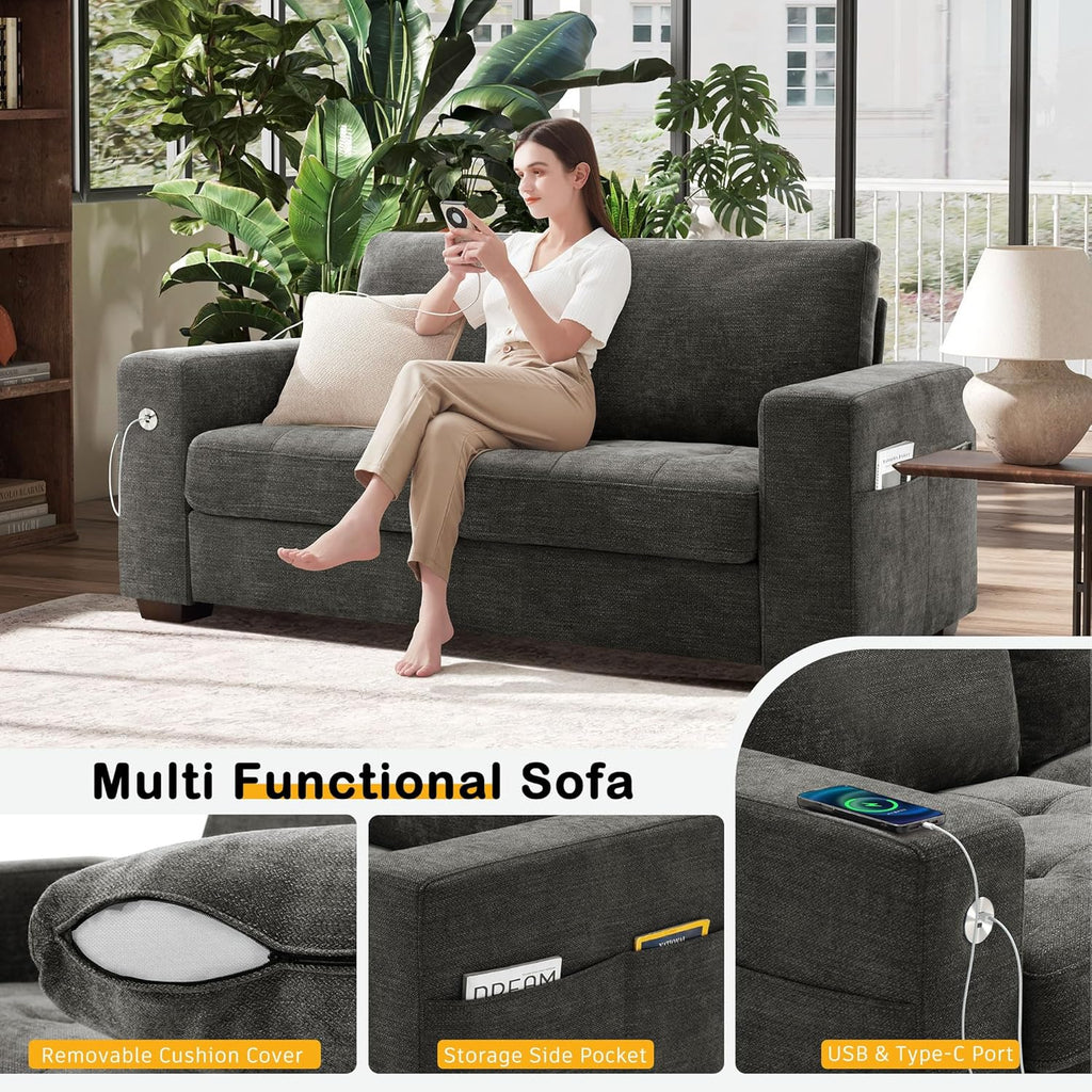 Hanherry 89" Sofa for Living Room, Modern Comfy Sofa with Medium Firm Seat Cushion, Removable Cover,Wide Armrest,USB/Type-C Port,Chenille Fabric Couches for Small Space,Apartment