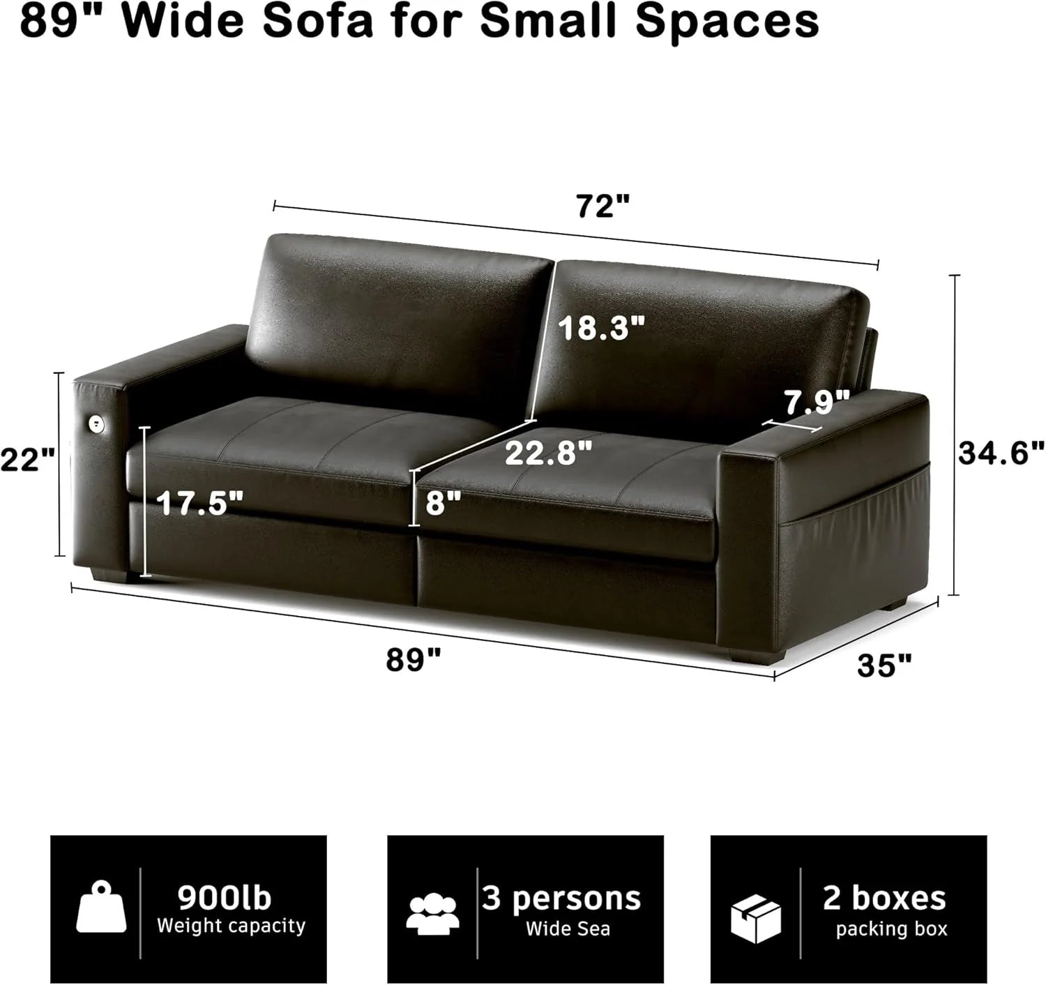 Hanherry 89" Sofa for Living Room, Modern Comfy Sofa with Medium Firm Seat Cushion, Removable Cover,Wide Armrest,USB/Type-C Port,Chenille Fabric Couches for Small Space,Apartment