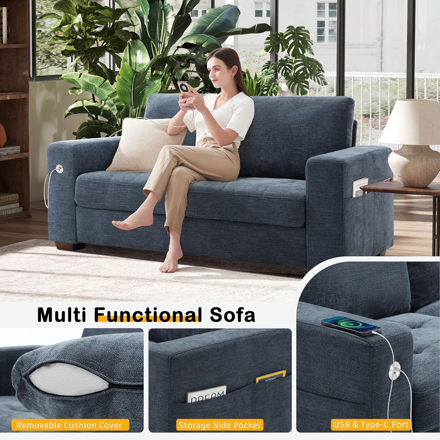 Hanherry 89" Sofa for Living Room, Modern Comfy Sofa with Medium Firm Seat Cushion, Removable Cover,Wide Armrest,USB/Type-C Port,Chenille Fabric Couches for Small Space,Apartment