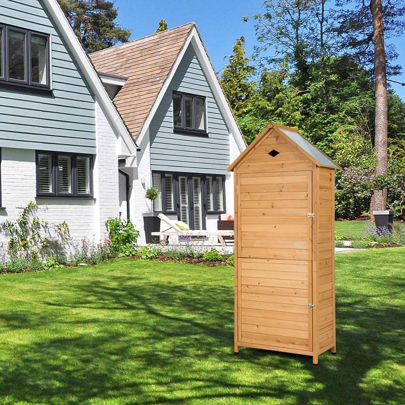 63" Wood Outdoor Storage Shed Lockable Garden Tools Storage Cabinet with 5 Shelves, Galvanized Sheet Roof