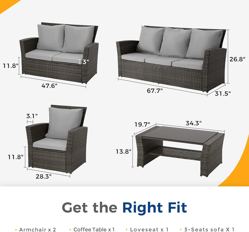 Wisteria Lane 4 Piece Outdoor Patio Furniture Sets, Wicker Conversation Set for Porch Deck, Grey Rattan Sofa Chair with Cushion ��Blue